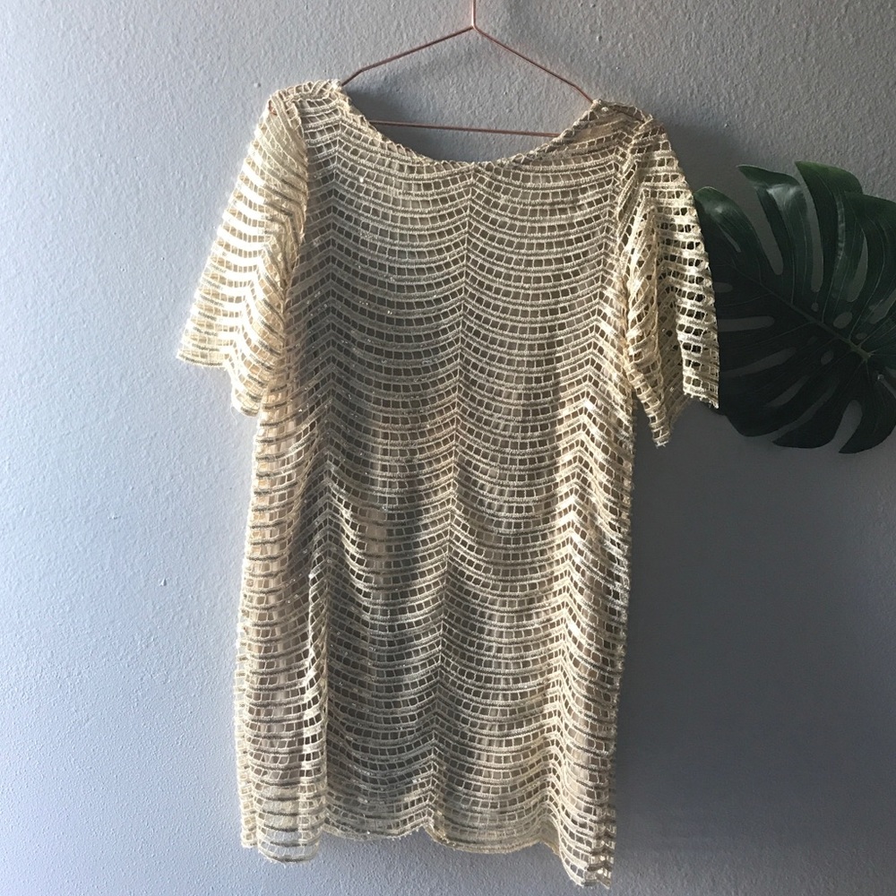 Gold net like dress.